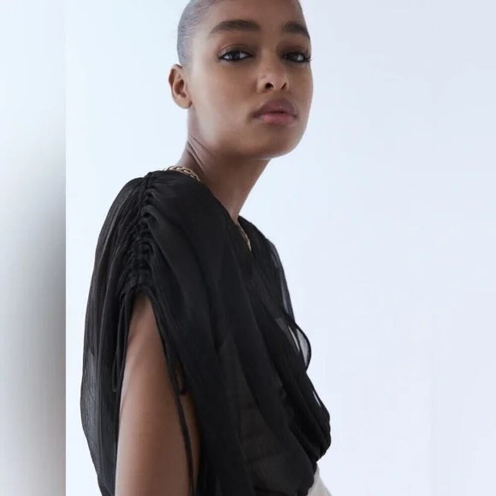 ZARA NWT Metallic Thread Black Sheer Crossover Oversized Crop Top Blouse - Picture 3 of 12